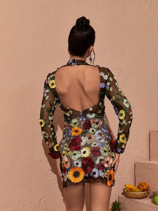 Long Sleeve Mesh Flower Mini Dress In Black