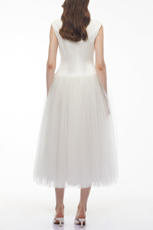Salma White Pleated Flared Midi Dress