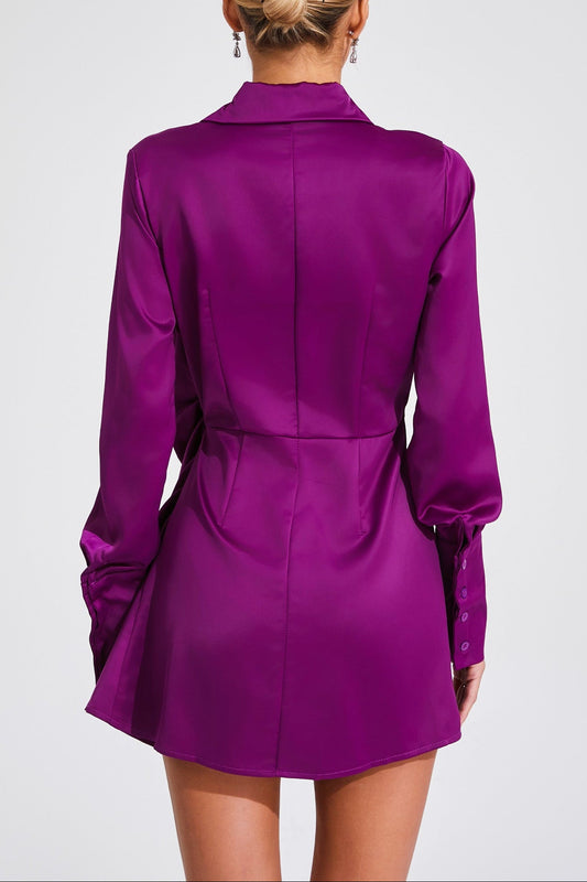 tiffany ruched satin shirt mini dress - purple