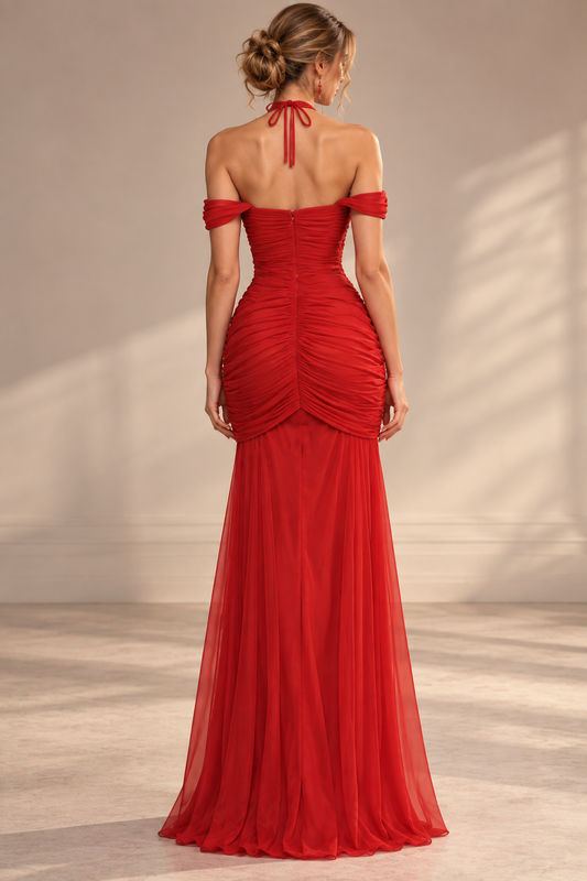 Red Halter Neck Floor-Length Gown with Floral Appliqué