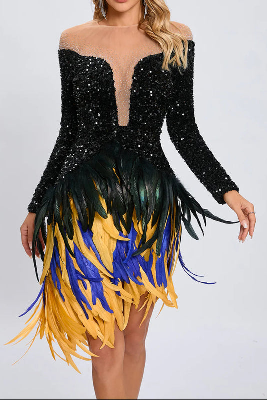 feather embellished sequin mini dress in black