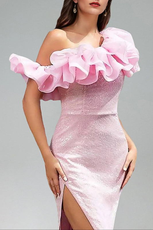 Sophia One Shoulder Flounce Slit Maxi Dress