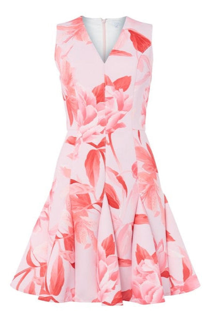 sherry multi pink floral print v-neck mini dress