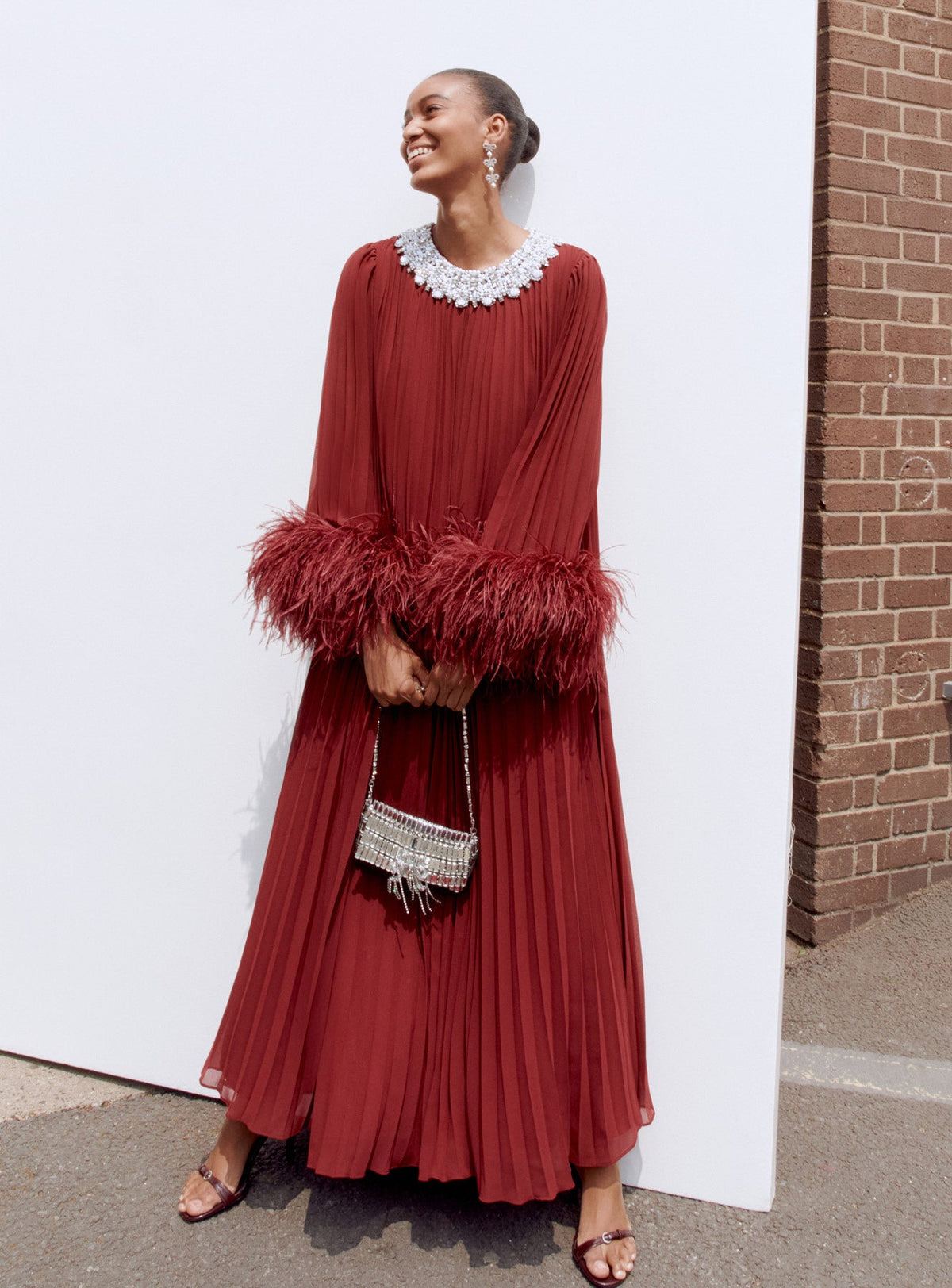 Burgundy Chiffon Feather Midi Dress