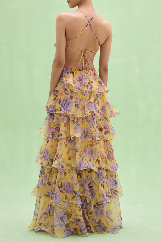 mavis Embroidered beaded hibiscus print halter neck long chiffon maxi dress - purple / yellow
