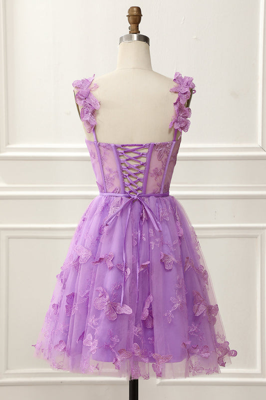 Purple A-Line Corset Homecoming Dress with Butterflies