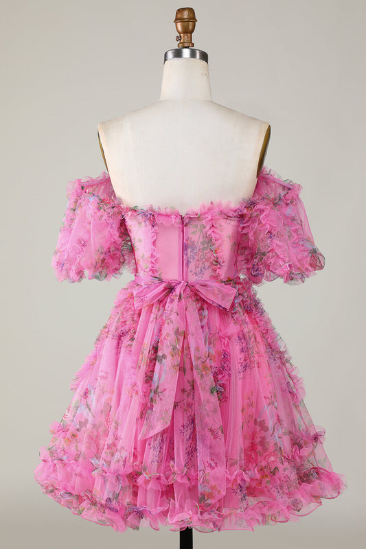 A Line Off Shoulder Fuchsia Tulle Short Homecoming Dress with Short Sleeves
