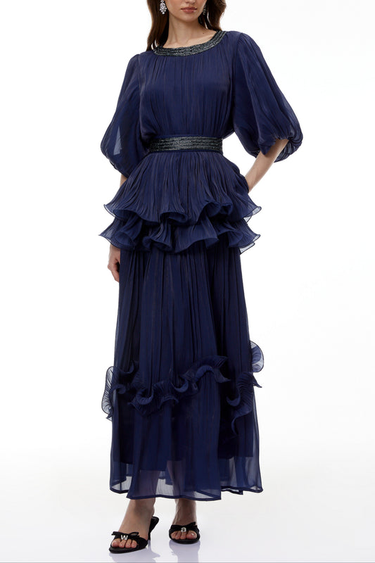 lorraine navy Blue Embellished Pleated Maxi Dress