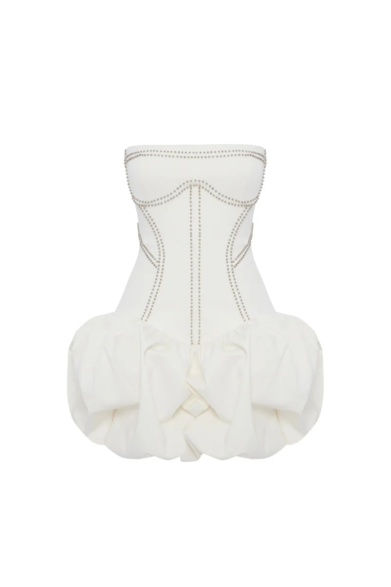 regina strapless puffy mini dress in off-white