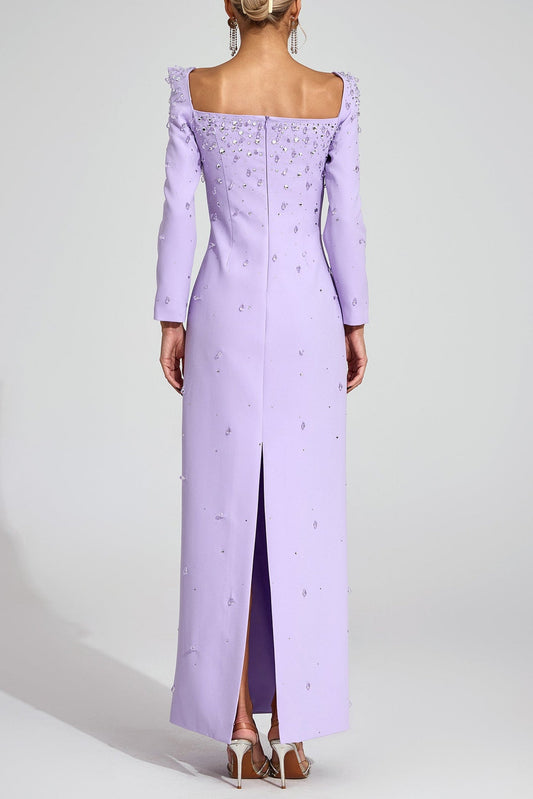 lynn Square neck beaded rhinestone maxi dress - purple
