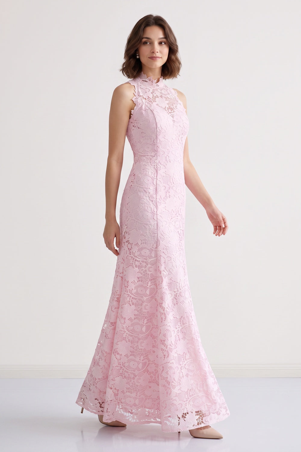 Blush Pink Floral Lace Floor-Length Dress Premium Fabric - product view 5