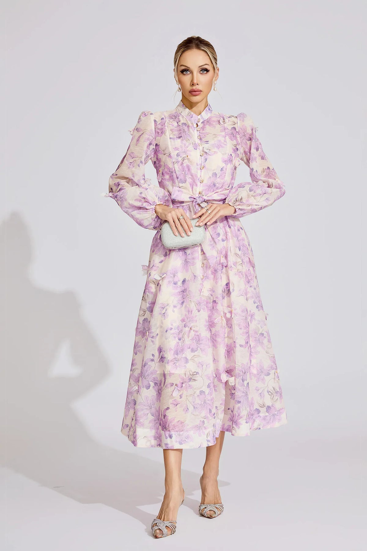simona Floral print lantern sleeve Maxi Dress in purple