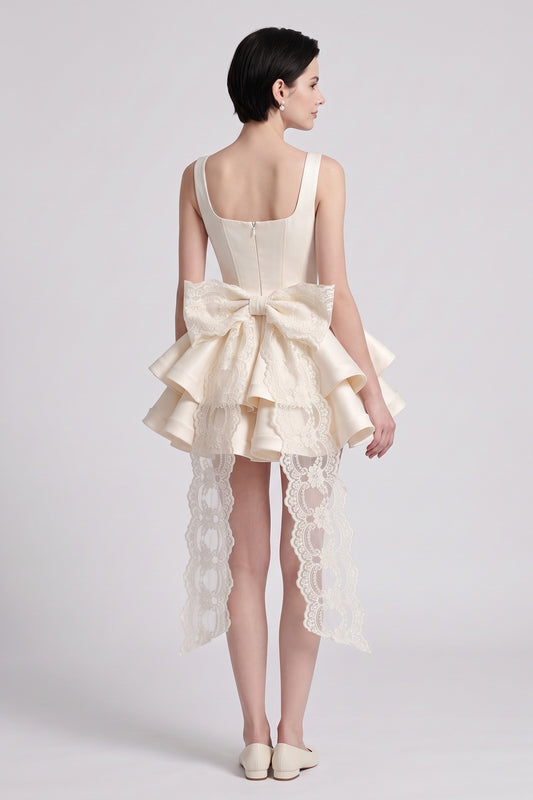 Cream Structured Satin Fit-and-Flare Mini Dress with Tiered Ruffles and Back Bow cream, ivory structured satin or gazar mini dress - product view 5