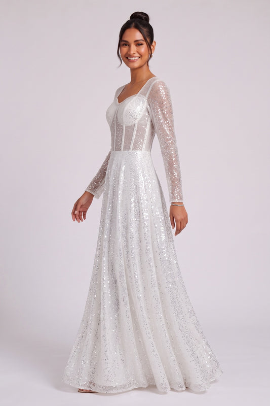 white sequined tulle A-line gown white, silver sequined tulle gown - product view 2