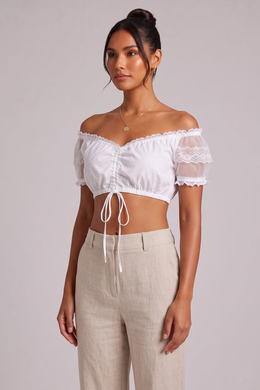 white woven cotton blend off-the-shoulder crop top dirndl blouse white woven cotton blend dirndl blouse - product view 2