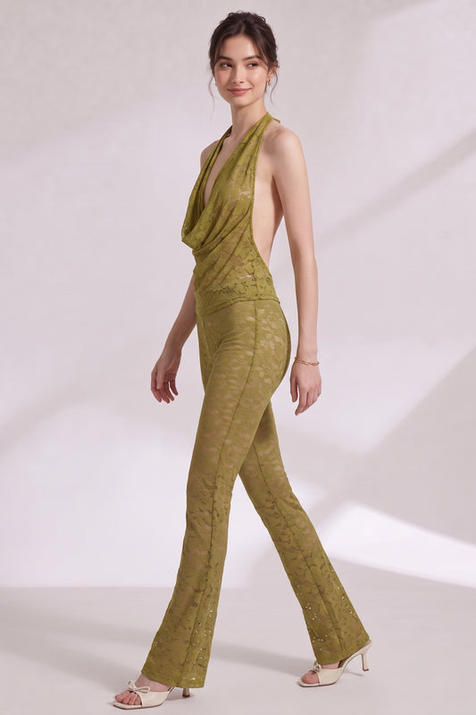 olive green floral lace fitted halter top with draped cowl neck and open back; high-waisted slim-fit pants flaring from the knee two-piece set (halter top and matching pants) olive green floral lace two-piece set (halter top and matching pants) - pro
