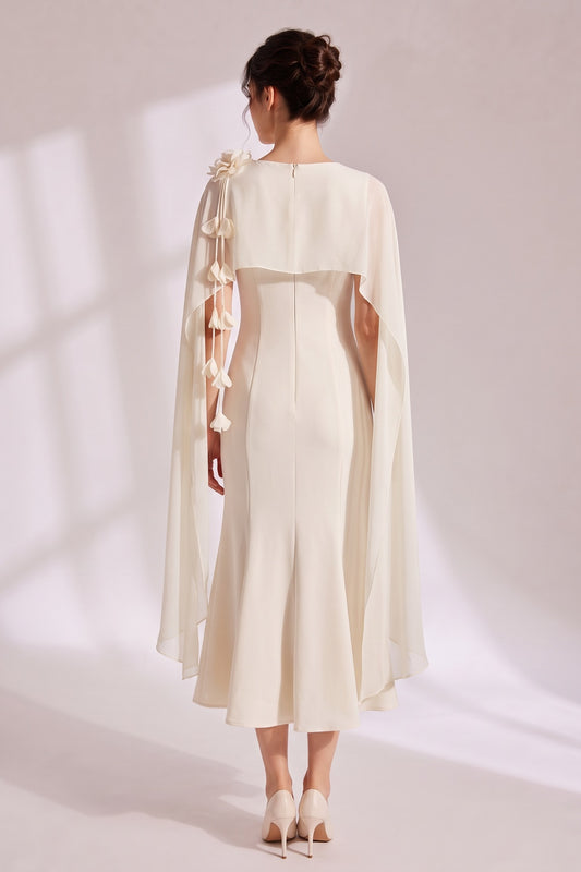 Cape Sleeve 3D Floral Chiffon Midi Mermaid Dress