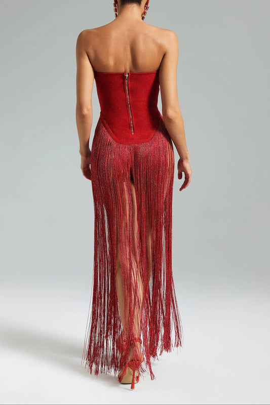 helen Bodysuit Fringe Strapless mini Dress in red