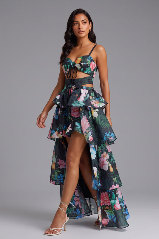 Tropical Floral Cutout High Low Tiered Maxi Dress
