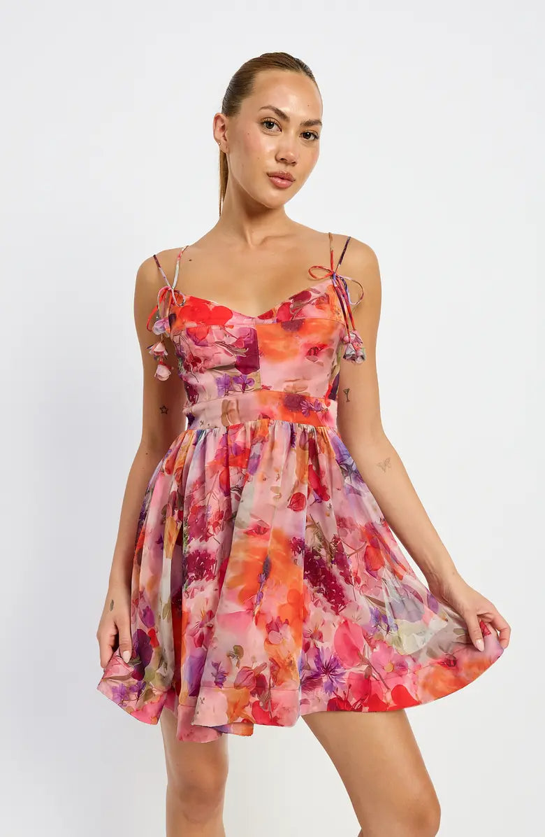Red Multi Floral Tie Strap Mini Dress