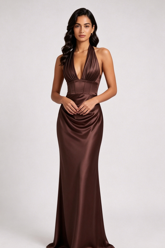 chocolate brown satin column gown
