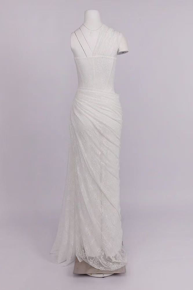 White Floral Lace One-Shoulder Column Gown