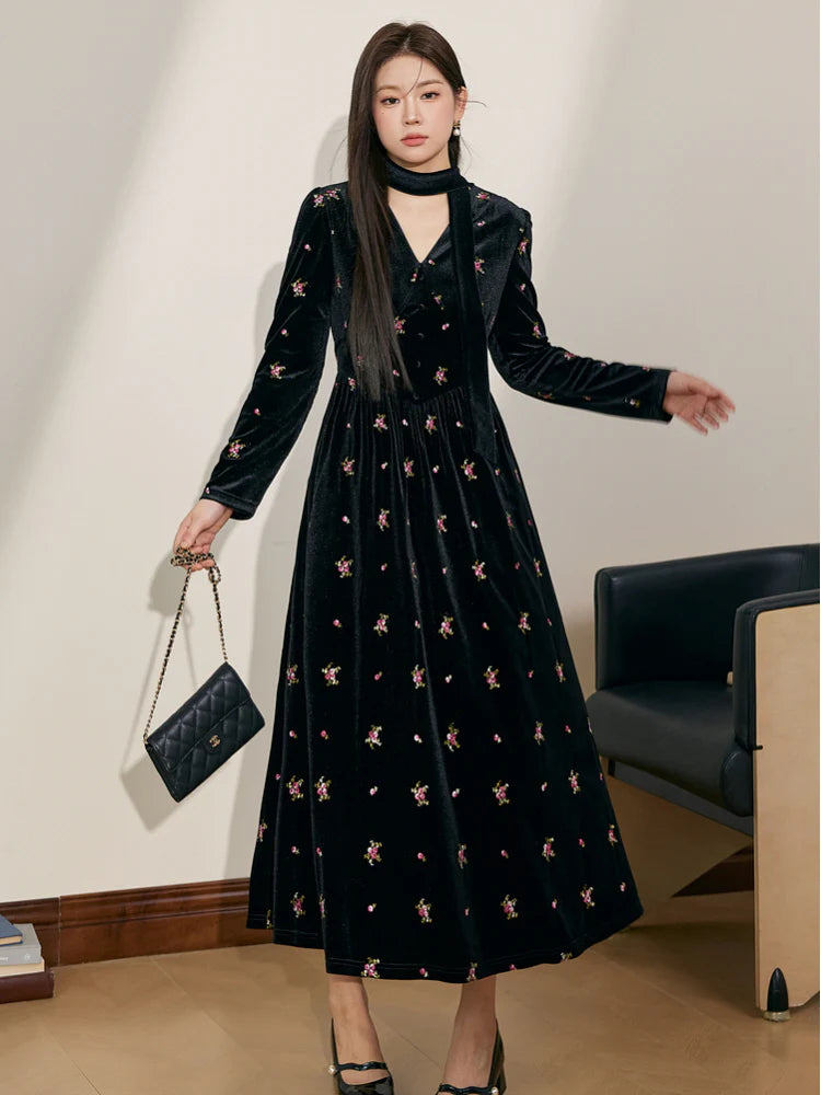 yuri v-neck Floral Embroidered Velvet maxi Dress in black
