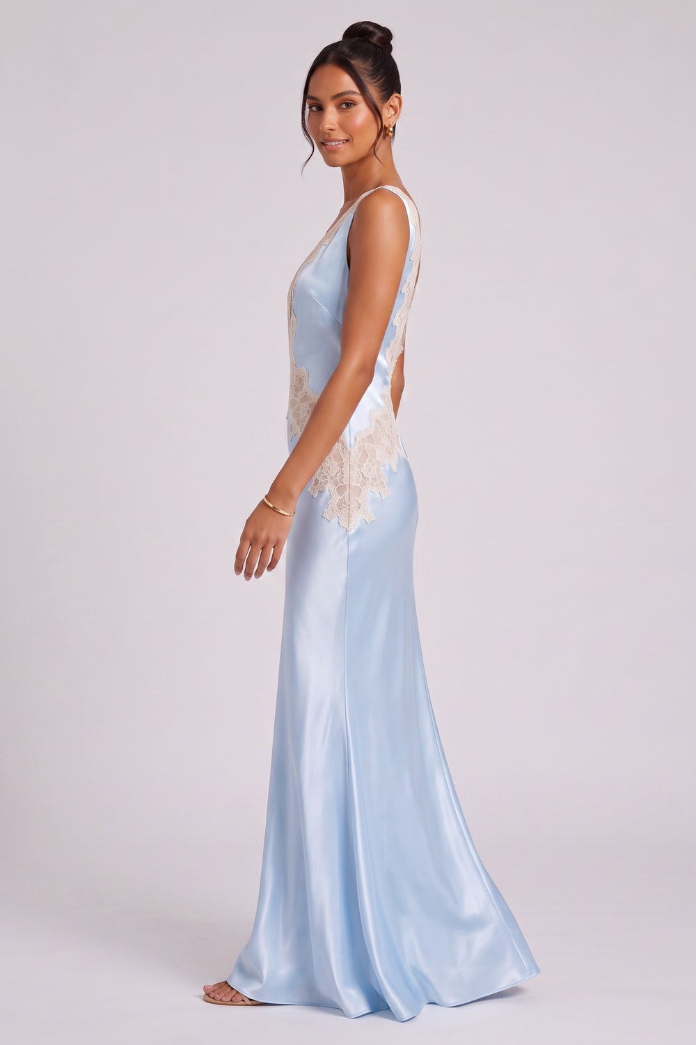 Light Blue Satin Slip Gown with Lace Applique light blue satin gown - product view 4