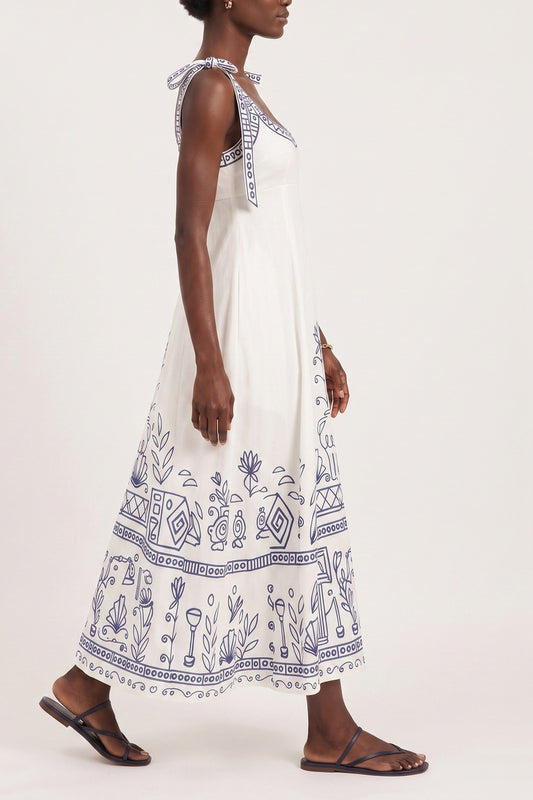 Square Neck Folk Embroidered Midi Dress