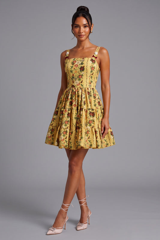Yellow Floral A-Line Fit-and-Flare Mini Dress yellow structured cotton woven dress - product view 1