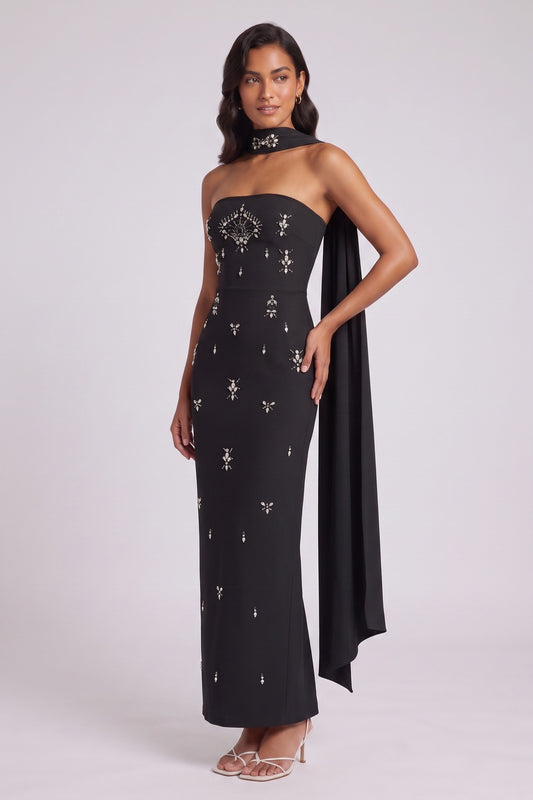Black Crepe Column Maxi Dress with Silver Embellishment and Cape Detail black crepe maxi dress - product view 2