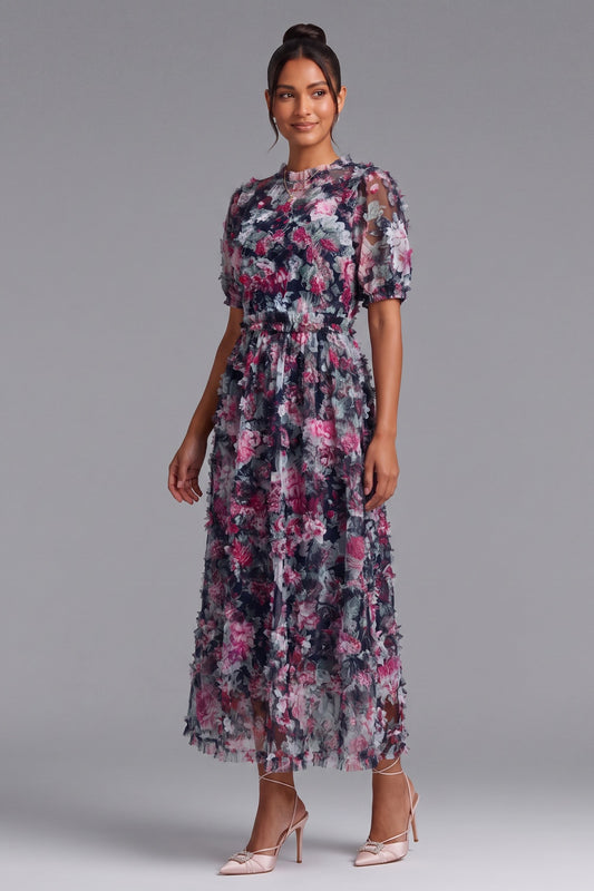 Navy Blue Floral Sheer Organza A-Line Midi Dress with 3D Ruffled Detail navy blue sheer organza or tulle dress - product view 2