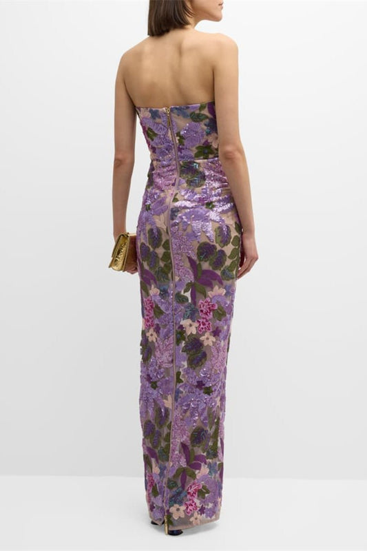 AURORA FLORAL-EMBROIDERED STRAPLESS MAXI DRESS