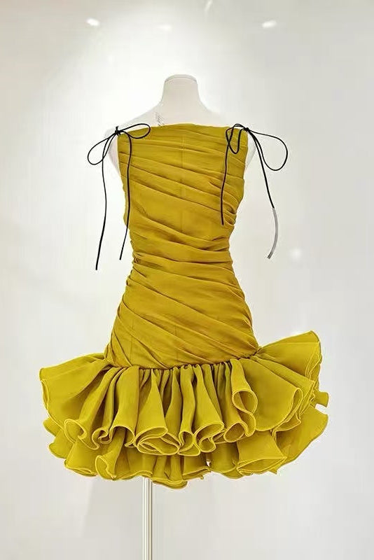Mustard Yellow Thin Strap Diagonal Ruched Ruffle Hem Mini Dress