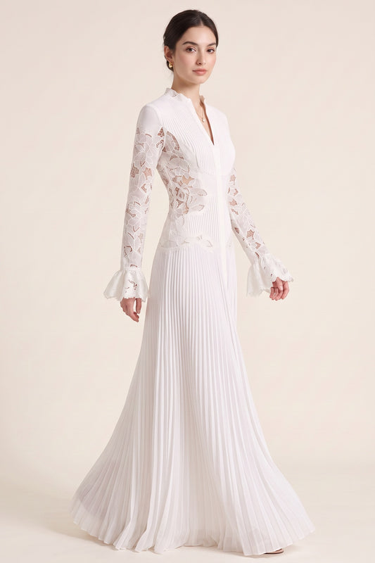 White Pleated Georgette A-Line Gown with Floral Lace white pleated georgette gown - product view 2