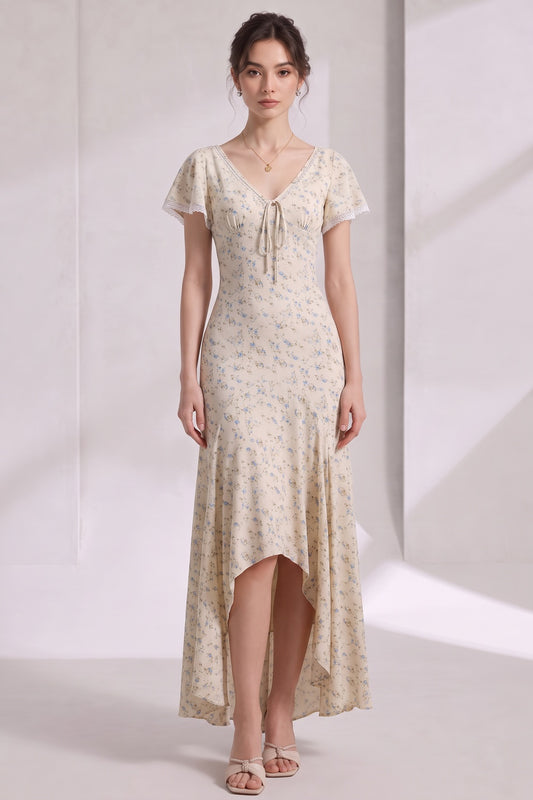 Cream Ditsy Floral Maxi Dress with Fitted Bodice and Flared Paneled Skirt cream, pale yellow lightweight woven fabric, likely rayon or cotton blend dress - product view 2