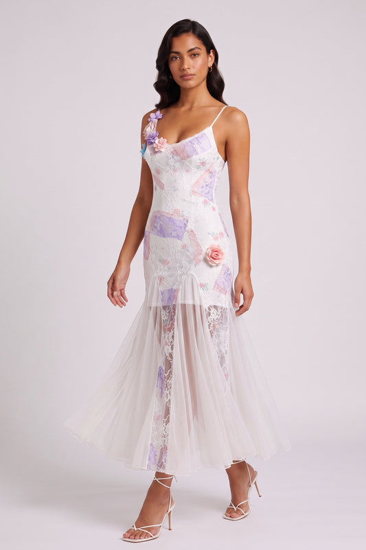 Pastel Floral Lace 3D Flower Spaghetti Strap Tulle Mermaid Midi Dress