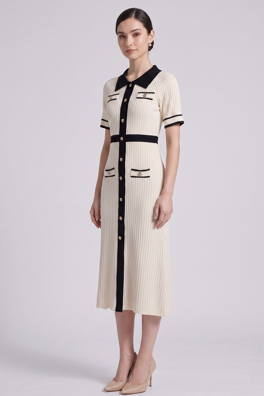 Cream Ribbed Knit Midi Dress with Black Contrast Trim cream ribbed knit dress - product view 2