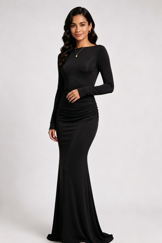 black fluid stretch jersey column gown