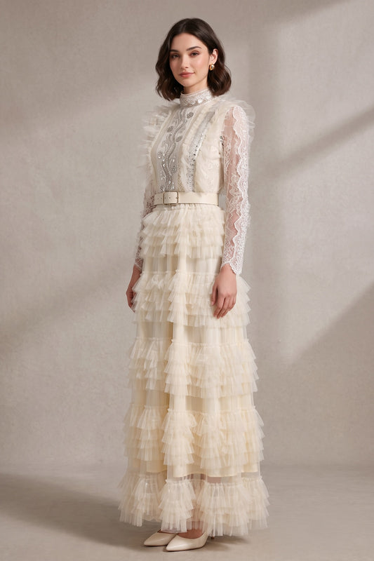 cream tulle a-line gown cream, ivory tulle gown - product view 1