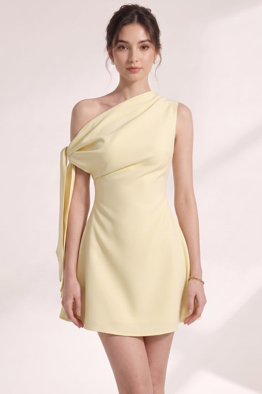 Pale Yellow Asymmetrical One-Shoulder A-Line Mini Dress pale yellow structured crepe mini dress - product view 2