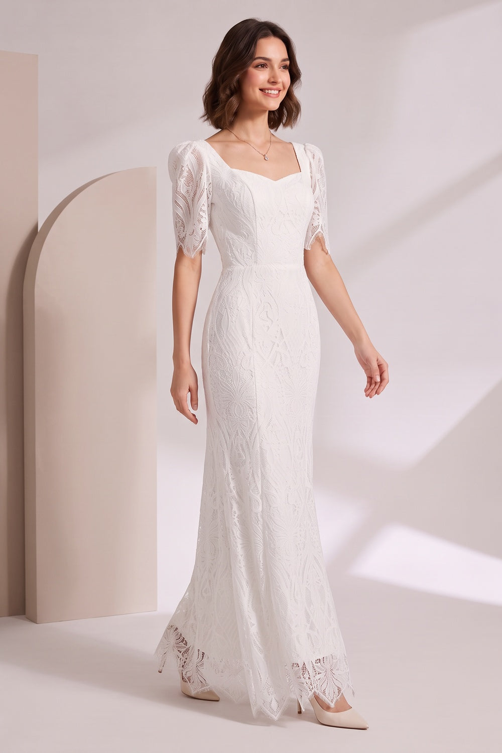 White Lace Floor-Length Dress with Puff Sleeves Premium Fabric - product view 4