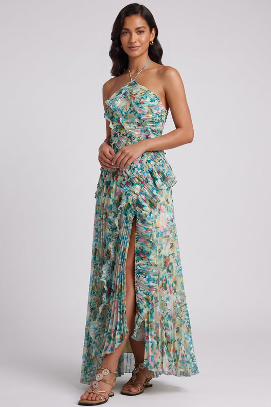 Green Pleated Chiffon A-Line Maxi Dress with High Slit and Cascading Ruffles green, teal pleated chiffon dress - product view 1