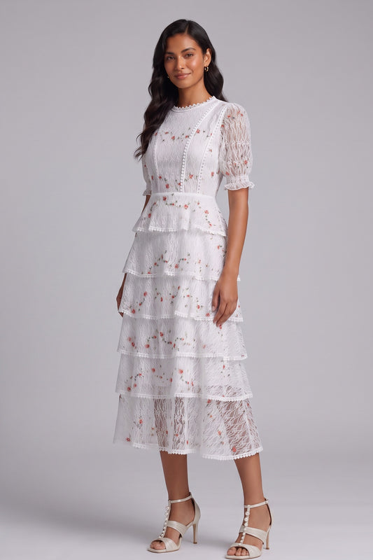 White Tiered Floral Midi Dress Premium Fabric - product view 3