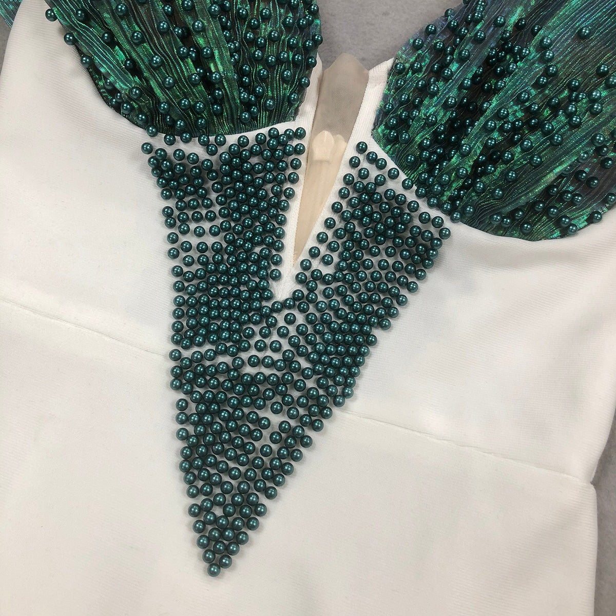 Off-Shoulder pearl embellished bodycon maxi dress in green