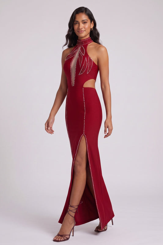 dark red heavy stretch knit column with side cutouts evening gown dark red heavy stretch knit evening gown - product view 2