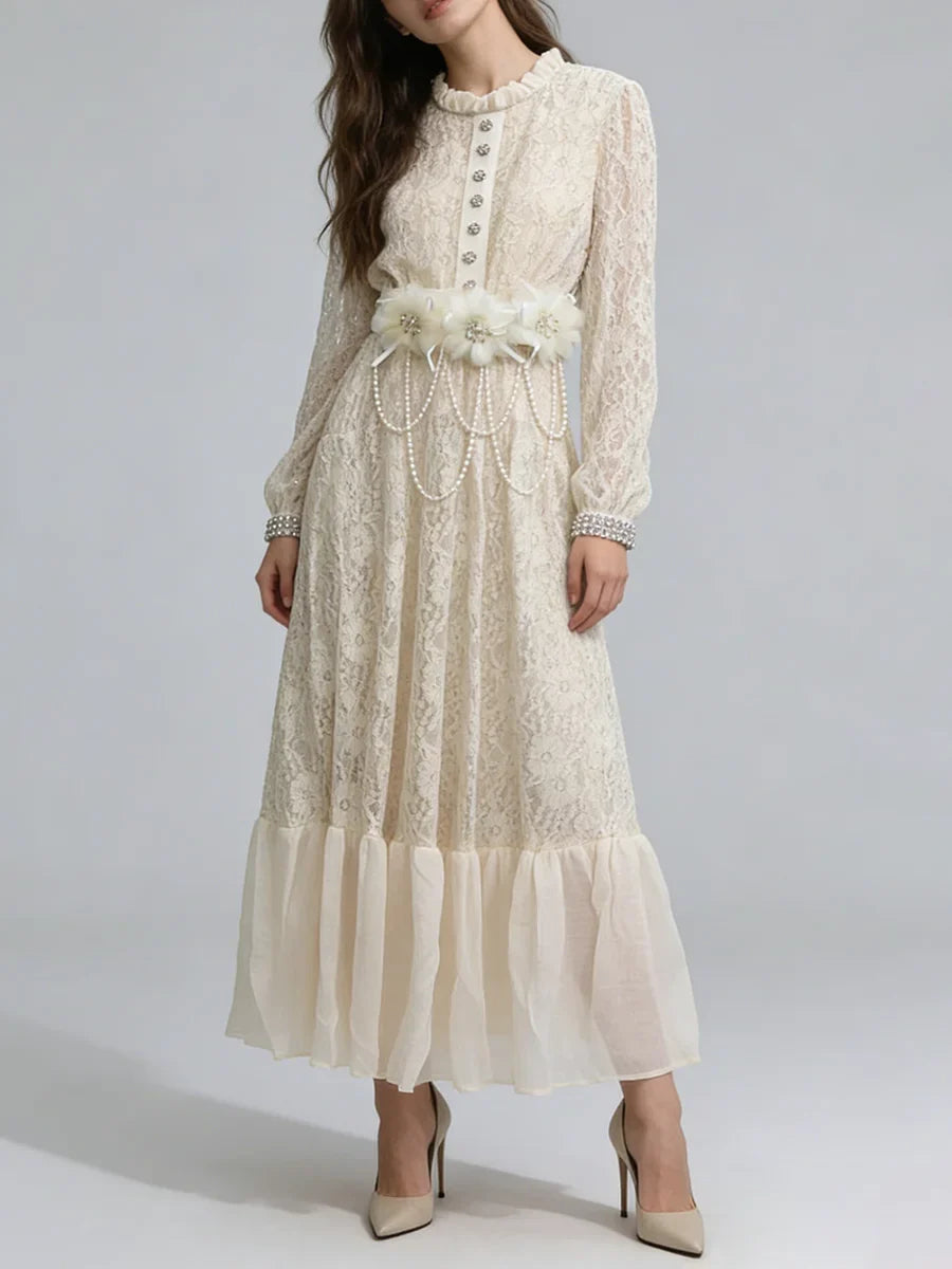 deborah 3D floral tulle lace maxi dress in white