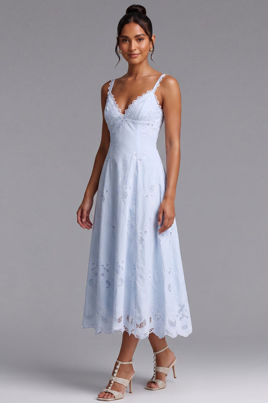 Light Blue Cotton Eyelet A-Line Midi Dress light blue cotton eyelet dress - product view 1