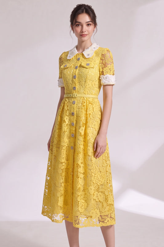 Yellow Guipure Floral Lace A-Line Midi Dress yellow guipure floral lace dress - product view 2