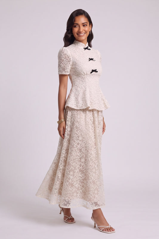 Ivory Lace Peplum Top & A-Line Maxi Skirt Two-Piece Set Ivory Lace Two-piece set - product view 1